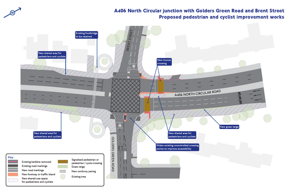 The photo for A406 North Circular: Bridge Lane to Golders Green Road and Golders Green Road/Brent Street junction.